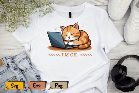 I m OK Funny Lazy Cat Working on Laptop